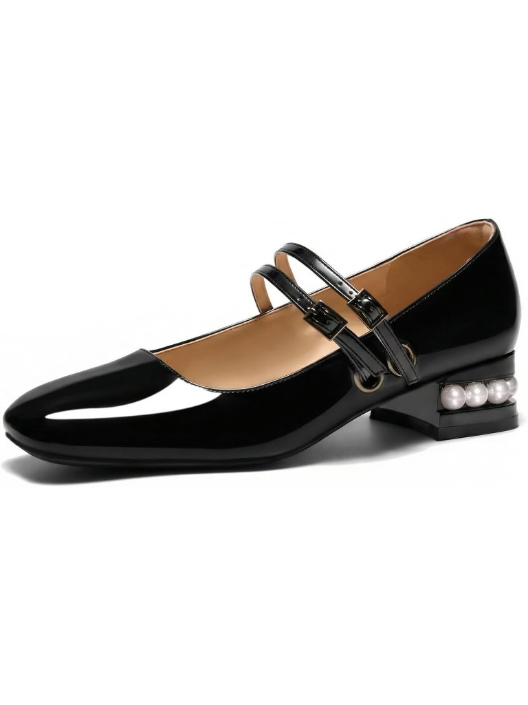 Women's Pearl Black Mary Jane Low Heels Closed Square Toe Double Strap Shoes